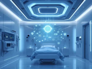 Modern hospital room with AI monitoring system displaying holographic health data above patient bed with futuristic sensors.