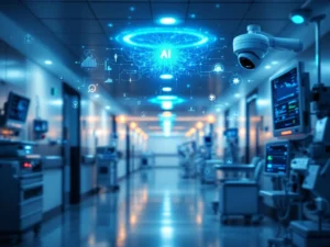 Hospital corridor with AI neural network overlay above medical equipment, digital safety alerts, and ceiling-mounted smart camera with blue lighting patterns.