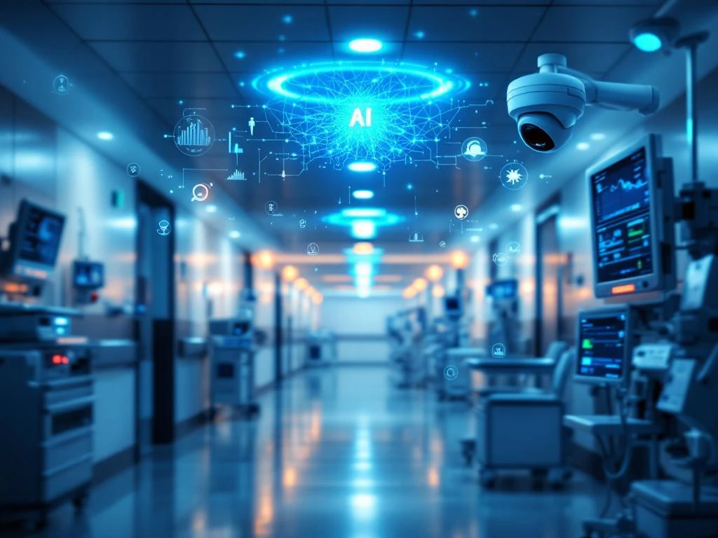 Hospital corridor with AI neural network overlay above medical equipment, digital safety alerts, and ceiling-mounted smart camera with blue lighting patterns.