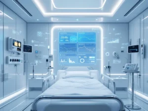 Futuristic hospital room with empty bed surrounded by AI health monitoring sensors and holographic data displays