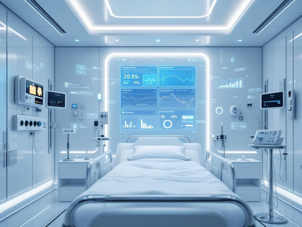 Futuristic hospital room with empty bed surrounded by AI health monitoring sensors and holographic data displays