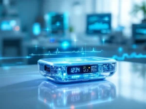 Modern digital patient monitoring device with blue LED indicators and holographic data displays on medical surface