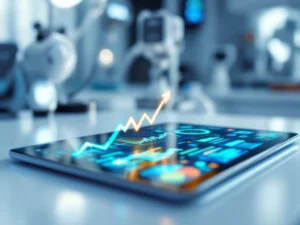 Digital tablet on medical desk displaying glowing health data graphs and analytics with blue-green LED screen lighting