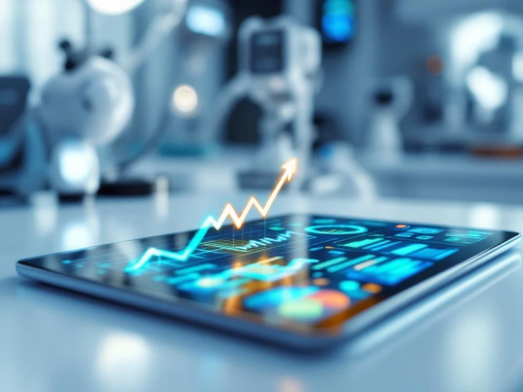 Digital tablet on medical desk displaying glowing health data graphs and analytics with blue-green LED screen lighting