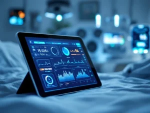 Tablet displaying health monitoring data and vital signs graphs on hospital bedside table with medical devices in background.