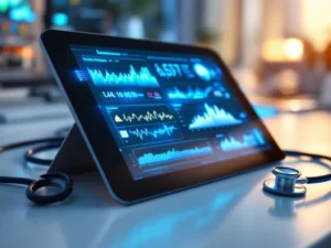 Digital tablet displaying healthcare monitoring data and vital signs on medical surface with stethoscope and equipment.