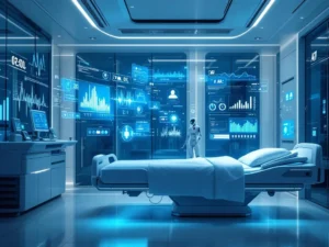 Futuristic hospital room with holographic medical displays, robotic care assistants, and smart glass walls showing patient data in soft blue lighting.