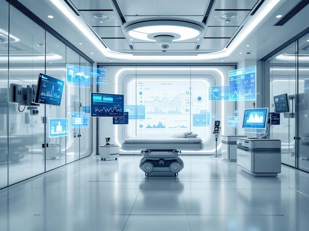 Futuristic hospital monitoring room with holographic patient data displays, AI analytics, and advanced sensors in sterile environment