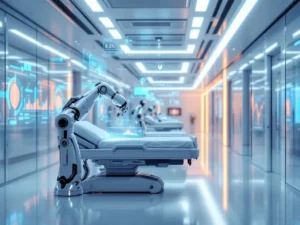 Robotic arm assisting with medical equipment in futuristic hospital room with holographic displays and LED lighting