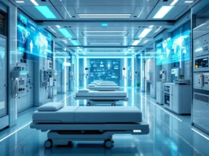 Futuristic healthcare facility with AI monitoring systems, holographic displays, and advanced medical equipment in patient rooms.