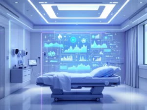 Futuristic hospital room with AI monitoring systems, holographic health displays, and digital vital signs interface