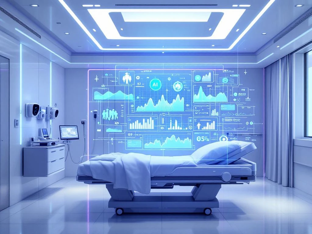 Futuristic hospital room with AI monitoring systems, holographic health displays, and digital vital signs interface