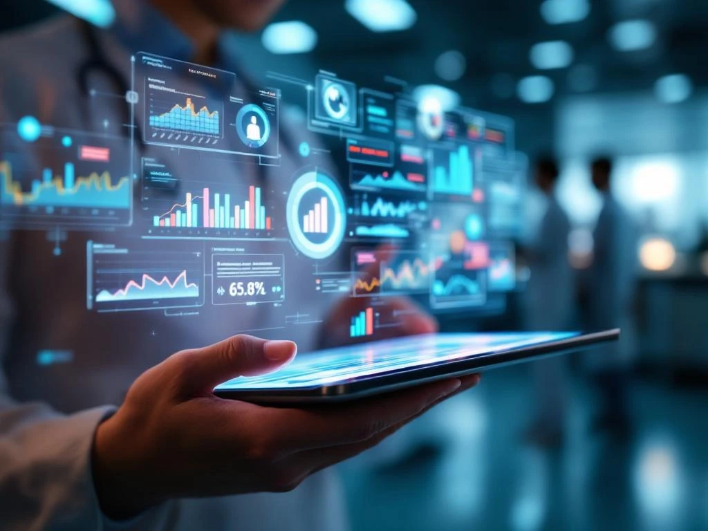 Healthcare monitoring dashboard with holographic screens displaying real-time patient data and AI analytics on modern tablet