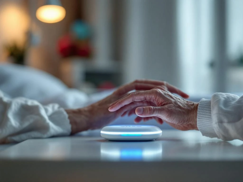 Elderly hands using illuminated smart healthcare device on bedside table with blue LED indicators and medical sensors