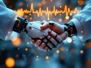 Human and robotic hands shaking in healthcare setting with AI data visualizations and medical technology integration