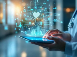 Healthcare professional using tablet with holographic medical data interface displaying vital signs in hospital corridor