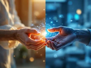 Healthcare evolution split-screen: human hands comforting elderly patient on left, AI monitoring system in hospital room on right, connected by digital particles bridging human care with technology assistance