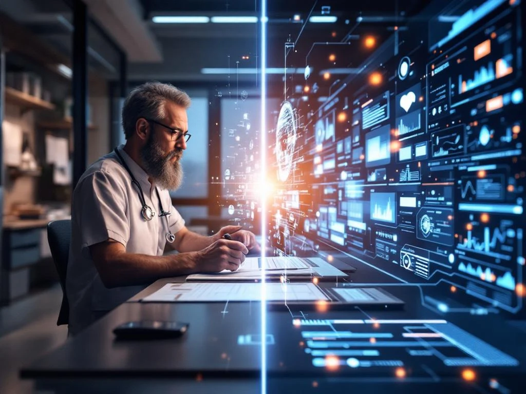 Split-screen comparison of traditional healthcare with paper charts versus modern AI-powered digital medical technology