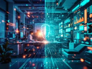 Split-screen healthcare evolution: traditional analog equipment with paper charts transforms into futuristic AI interfaces and digital monitoring systems
