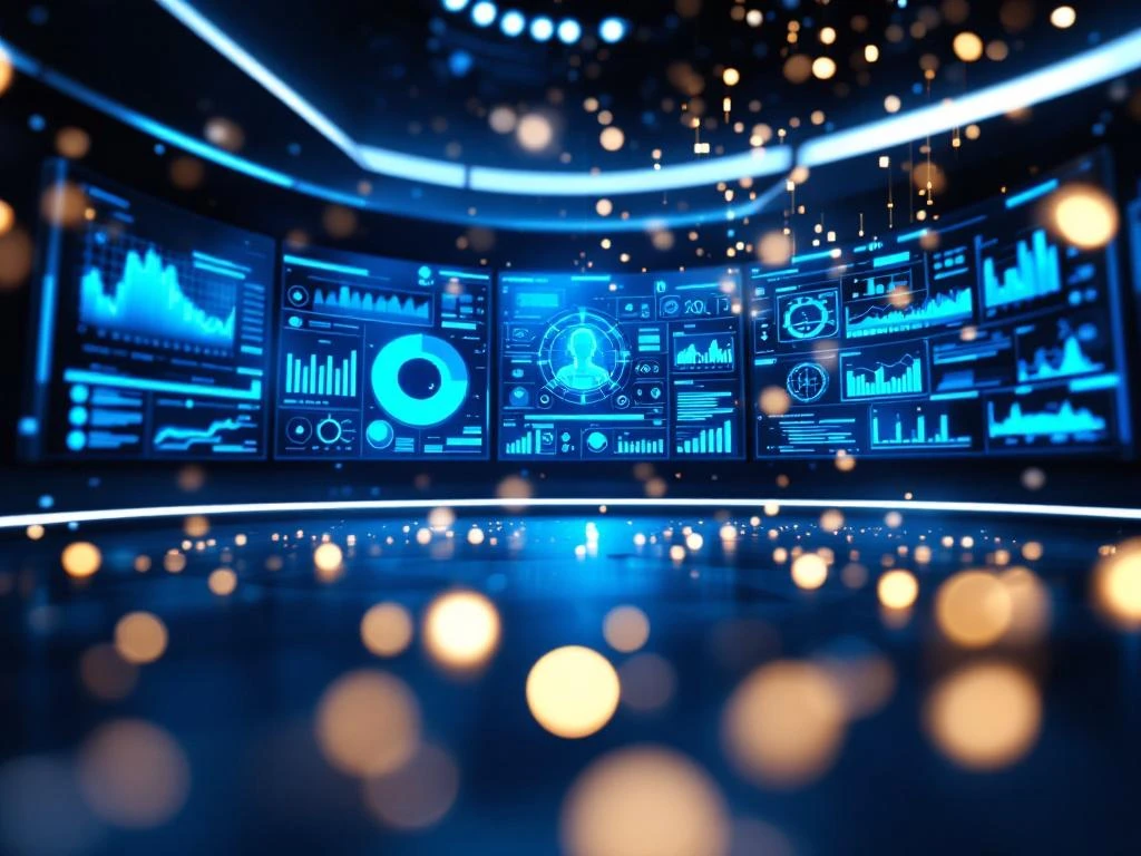 Modern healthcare command center with curved displays showing real-time patient data, AI analytics, and holographic network connections