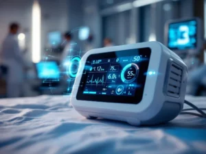 Healthcare monitoring device with blue LED indicators and digital vital signs displays on white medical surface in hospital room