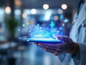 Elderly hands holding glowing smart healthcare device with monitoring data in modern medical facility with AI technology