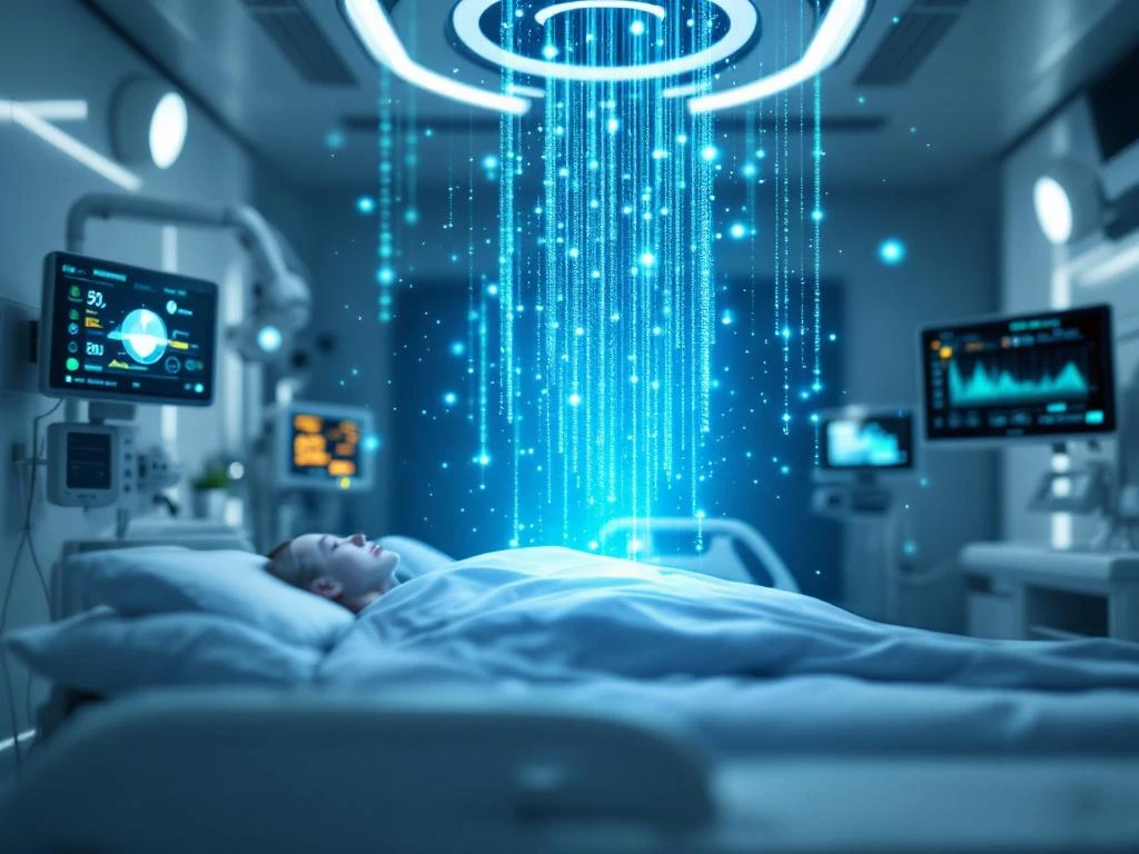 Holographic data visualization with glowing blue particles floating above modern hospital bed with medical monitors