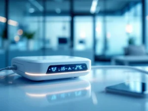 Digital monitoring device with blue LED indicators displaying vital signs on white medical surface in healthcare facility