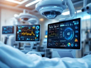 Advanced medical monitoring equipment with digital displays showing vital signs in modern hospital room with blue LED lighting.