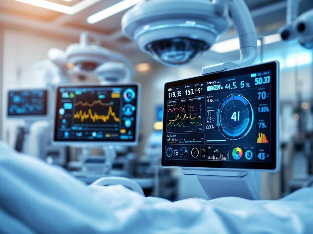 Advanced medical monitoring equipment with digital displays showing vital signs in modern hospital room with blue LED lighting.