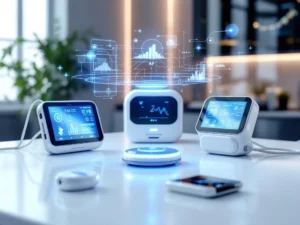 Modern healthcare technology equipment with blue LED monitors and holographic data displays on white medical surface.