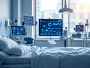 Modern hospital room with AI monitoring system, empty bed, advanced medical equipment, and natural lighting through windows.