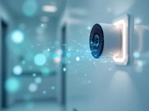 Modern hospital room with AI monitoring technology, blue LED sensors on white walls, and holographic data displays