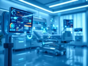 Modern hospital room with advanced medical monitoring equipment, smart devices, and AI technology displays around an empty bed