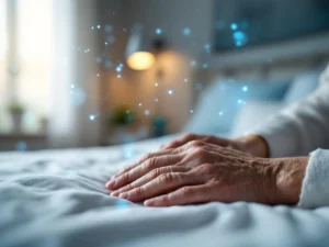 Elderly person's hands resting on white bedsheet with AI monitoring technology overlay and healthcare camera in background.