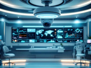 Modern hospital room with AI monitoring screens displaying patient vitals, ceiling-mounted cameras, and blue LED lighting.