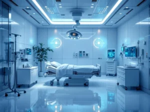 Modern hospital room with empty patient bed, advanced medical monitoring equipment, and AI sensors mounted on ceiling with blue lighting.