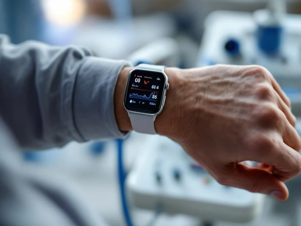 Elderly person's hand wearing smartwatch displaying health metrics in medical setting with soft lighting