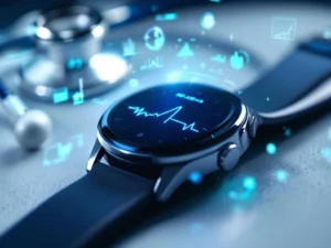 Smartwatch displaying health data with blue heartbeat lines on medical surface, surrounded by holographic AI interface elements and stethoscope.