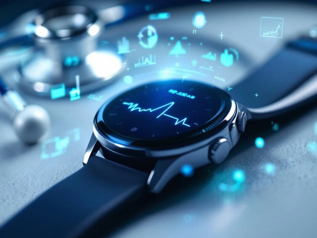 Smartwatch displaying health data with blue heartbeat lines on medical surface, surrounded by holographic AI interface elements and stethoscope.