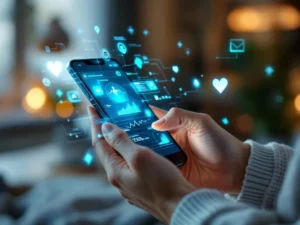 Hands holding smartphone with health monitoring data and holographic medical interface in cozy home setting