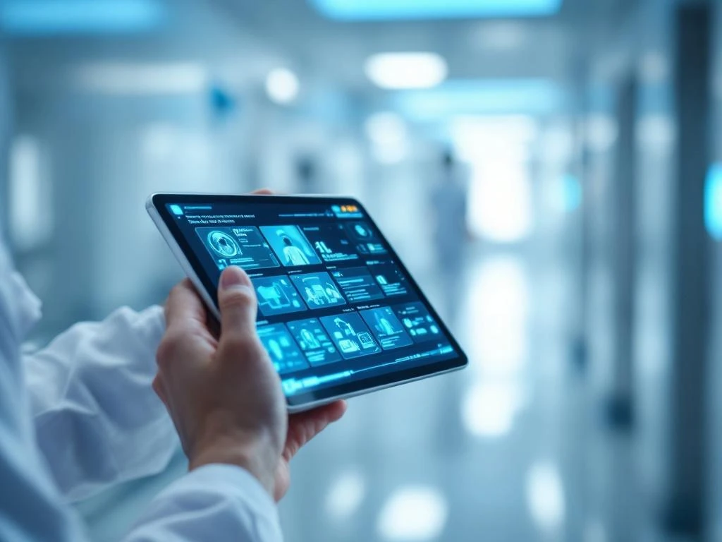 Zorgverlener bedient tablet met AI-monitoring interface en patiëntcamera's in modern ziekenhuis