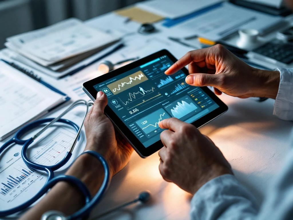 Healthcare professional using tablet with patient data on examination table with stethoscope and medical charts