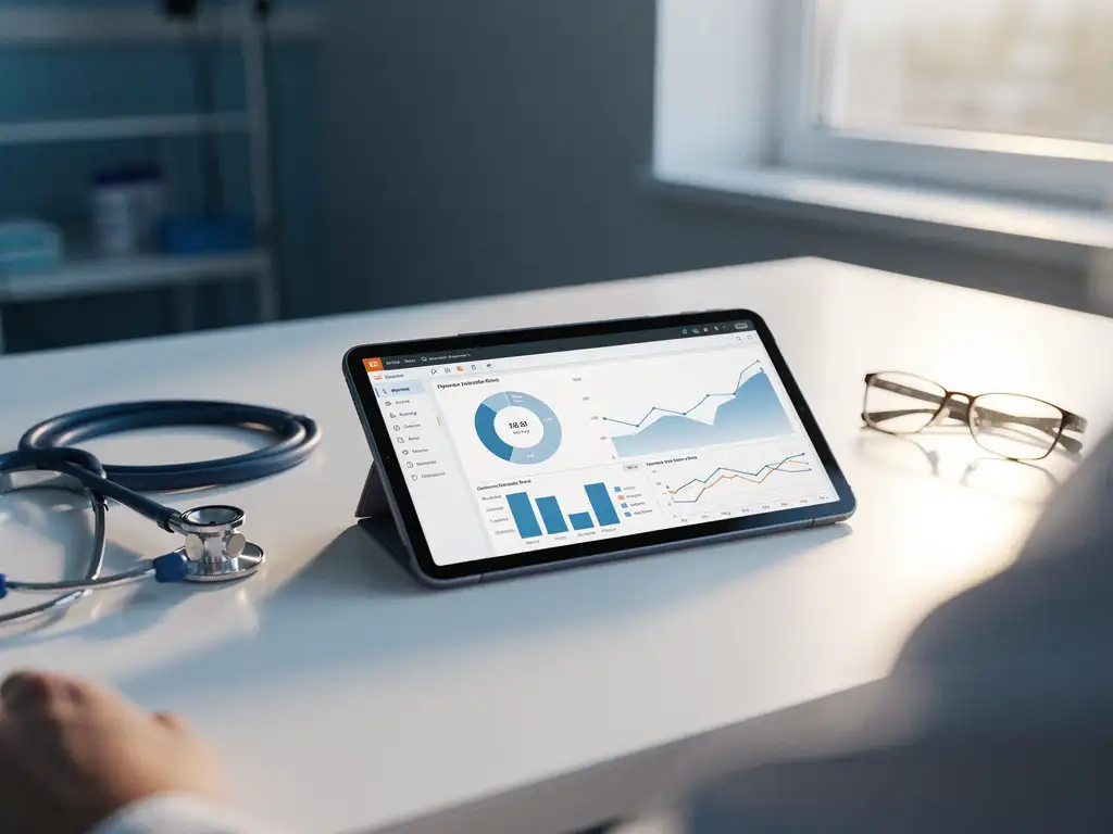 Analyticsdashboard op tablet op wit ziekenhuisbureau met stethoscoop en leesbril in zachte ochtendlicht