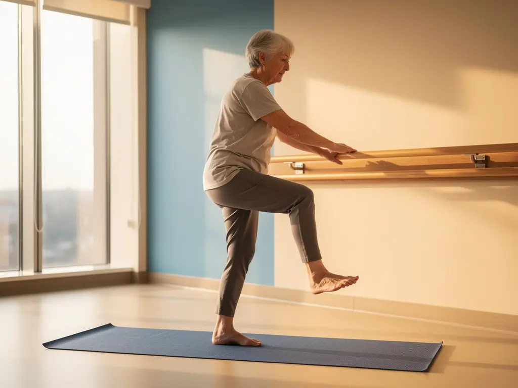 Senior persoon oefent balans op yogamat in moderne zorgfaciliteit, één voet opgeheven terwijl vastgrijpend aan houten leuning