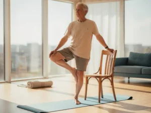 Senior persoon oefent boomhouding op yogamat, houdt houten stoel vast voor steun in lichte woonkamer met ochtendlicht