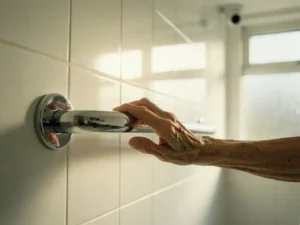 Oudere hand grijpt chromen beugel aan witte badkamermuur met beveiligingscamera zichtbaar in hoek