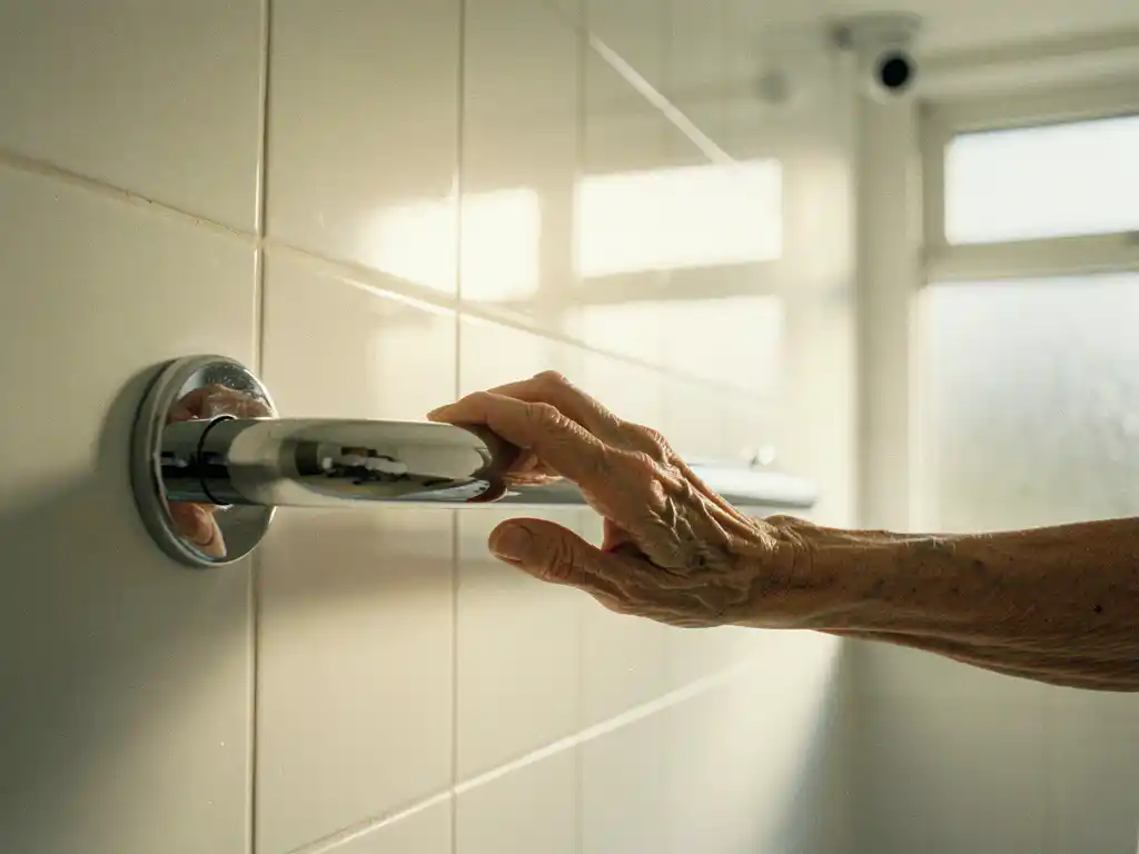 Oudere hand grijpt chromen beugel aan witte badkamermuur met beveiligingscamera zichtbaar in hoek