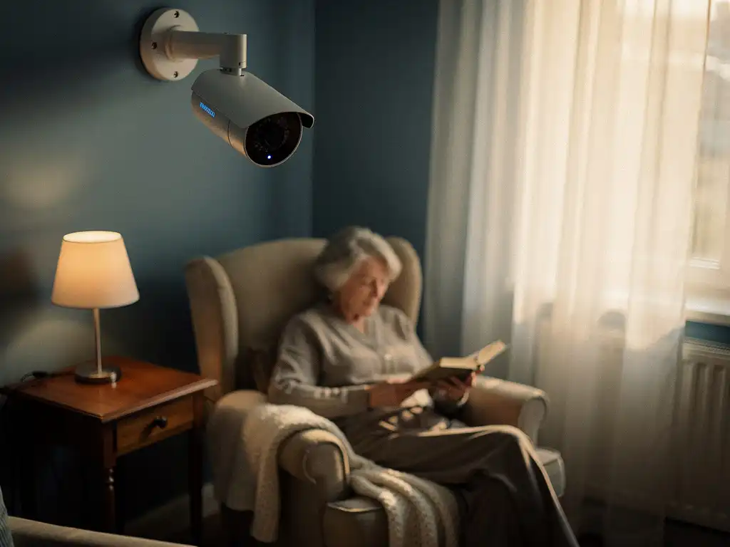 Plafondcamera met blauwe LED observeert oudere persoon die rustig leest in fauteuil bij warm middaglicht
