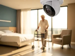 Witte plafondcamera observeert oudere persoon met rollator in moderne zorgfaciliteit met natuurlijk zonlicht